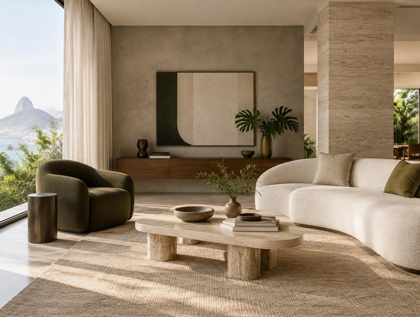 Interior contemporâneo com acabamentos naturais e pintura premium